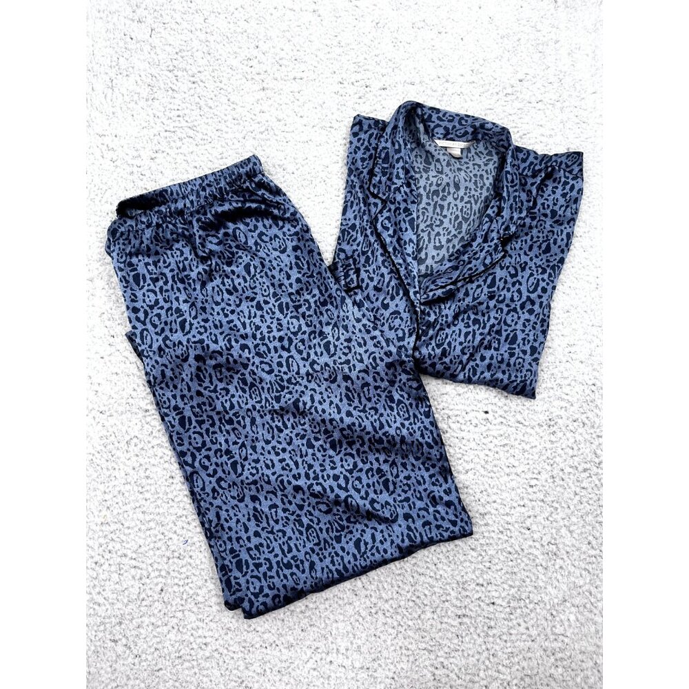 Victoria Secrets Blue Cheetah Button Top Bottom Pajama Set Size XL